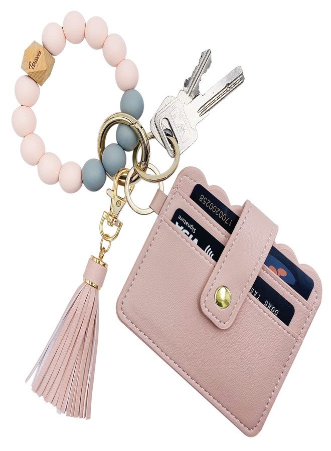TSNSOEEO Wristlet Keychain Bracelet Wallet, Key Ring Silicone Bead Bangle, Tassel Card Pocket Key Chains for Woman - Image 1